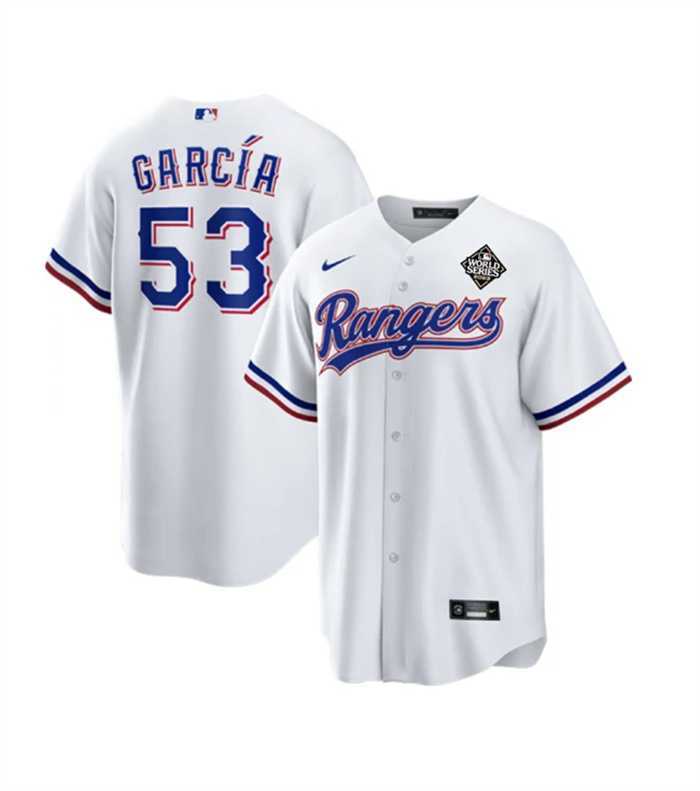 Men%27s Texas Rangers #53 Adolis Garcia White 2023 World Series Stitched Baseball Jersey Dzhi